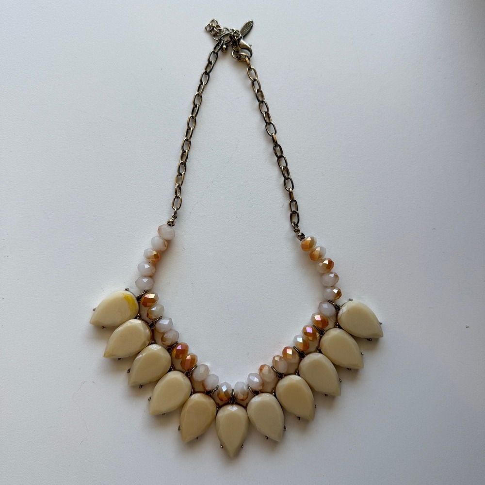 Natasha Cream Teardrop Bib Statement Necklace Antique Gold Tone Iridescent Beads